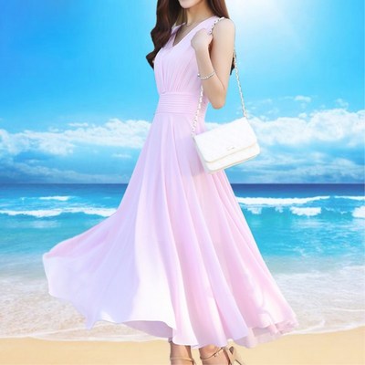 长裙女夏修身显瘦柔美雪纺连衣裙韩版气质淑女优雅海边度假沙滩裙