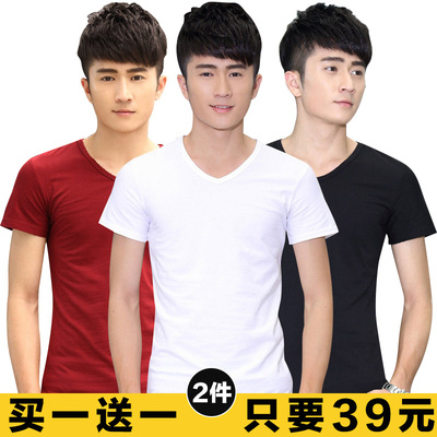 2016夏季新款韩版男士短袖T恤青少年半袖潮流纯色学生v领修身纯棉