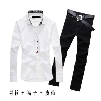 春秋季男式韩版长袖牛仔衬衫长裤子一套装休闲潮流寸衫衬衣服外套