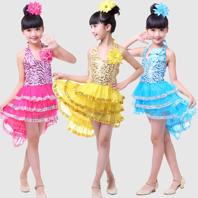 六一女童拉丁舞蹈服装女孩蓬蓬纱裙亮片小短裙儿童舞台表演燕尾裙