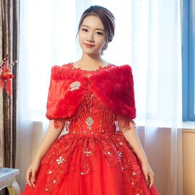 优雅气质婚纱礼服披肩冬季新娘结婚披肩伴娘毛披肩加厚保暖红色