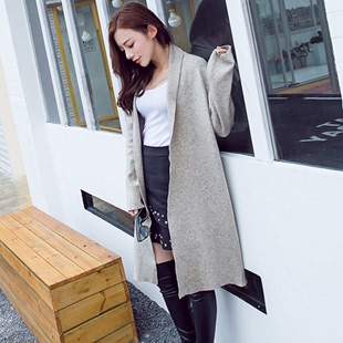 2016秋冬新款韩国原版女装长袖开衫宽松纯色中长款毛衣针织衫外套