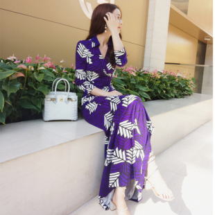 2016夏装韩版修身气质显瘦立领印花长裙七分袖大码连衣裙女装