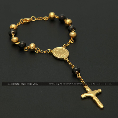 新款热卖欧美嘻哈饰品串珠十字架耶稣挂件手链街头风男士手环