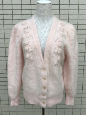 新款粉色貂绒立体浮花手工串珠安哥拉兔绒兔毛 毛衣外套开衫女