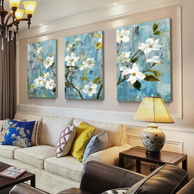 现代客厅沙发背景墙装饰画纯手绘花卉油画无框三联画 苹果花开