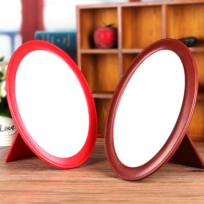 台式粉色黑色红色PU皮革椭圆形镜结婚用镜婚庆用品化妆工具