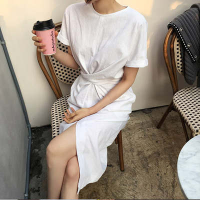 韩国夏季新款复古纯色法式洋气绑带开叉短袖连衣裙时尚显瘦长裙女