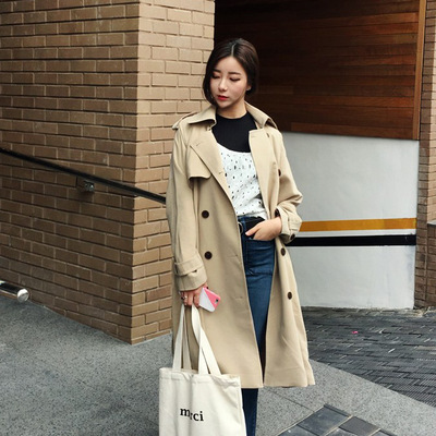 韩国2016春秋新款韩版宽松显瘦系带双排扣中长款女式风衣外套潮