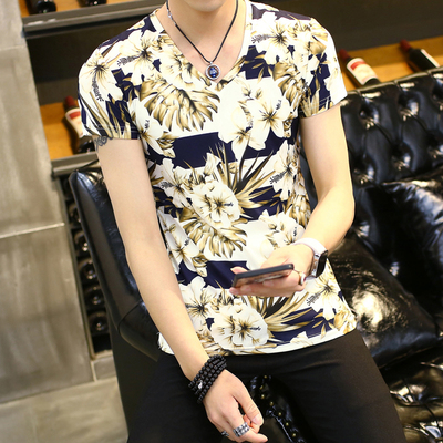 夏季男士短袖T恤薄款韩版修身青年少年学生V领印花3D冰丝男T恤潮