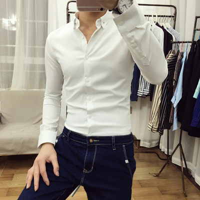 英伦新款秋季男士纯色青年白色衬衣韩版修身型薄款长袖发型师衬衫