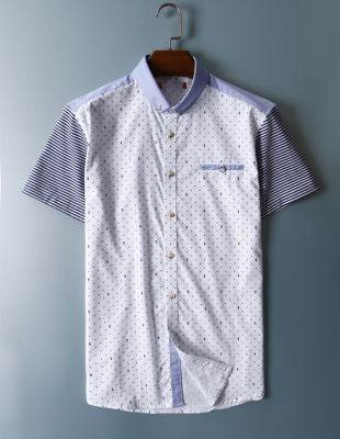 A175舒适好看 细节完美 男装夏季新款拼料韩版修身印花短袖衬衫潮