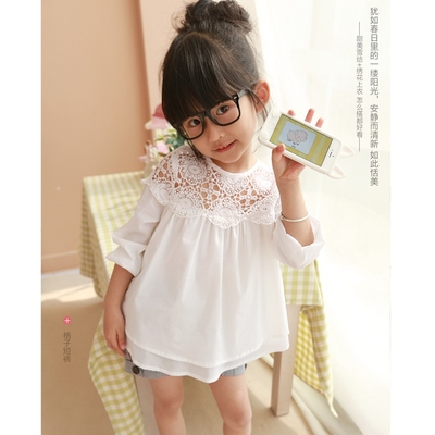 2016春款女童白色衬衣2-7纯棉娃娃镂空裙衫3-6岁宝宝长袖韩版上衣