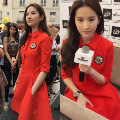 刘亦菲明星同款秋装新款中长款韩版名媛中袖衬衫领红色连衣裙女装