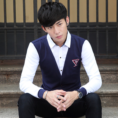 16秋季新品男装青年男士韩版假两件T恤 时尚修身衬衫领长袖T恤男