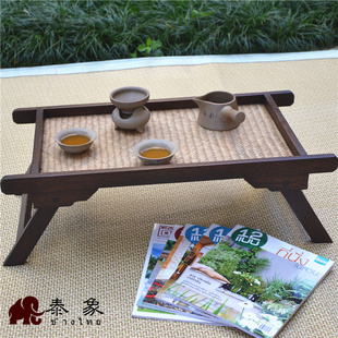 泰国藤编飘窗小茶桌  榻榻米茶桌 实木仿古折叠矮桌托盘茶具