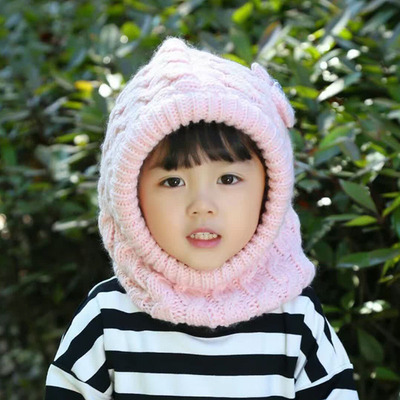 女童2-8岁围脖一体套头帽加绒针织帽粉色毛线帽冬季出游保暖