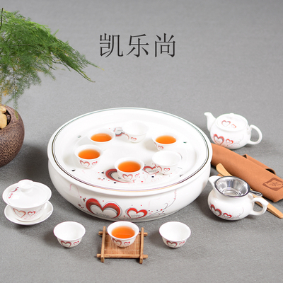 高档潮汕功夫茶具套装白色青花瓷骨瓷整套带圆形陶瓷茶盘礼品盒