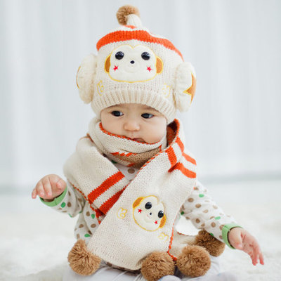 韩国宝宝帽子围巾两件套 婴幼儿童秋冬季护耳套头帽可爱卡通围脖