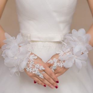 韩式新娘手套白色结婚婚纱蕾丝绣花露指钉珠婚礼手套包邮