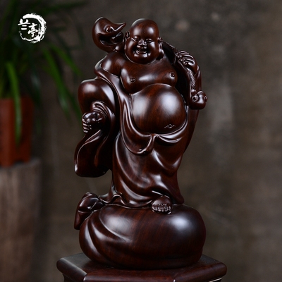 黑檀木雕弥勒佛像摆件实木送宝佛如意布袋笑佛红木工艺品招财礼品