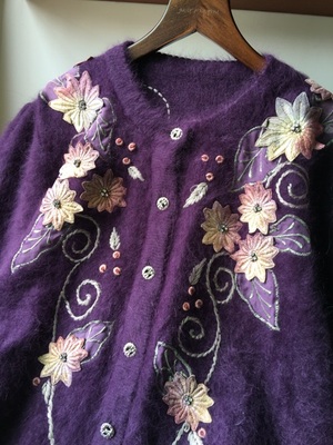 新款紫色貂绒蕾丝花皮草感安哥拉兔绒兔毛开衫毛衣 外套女