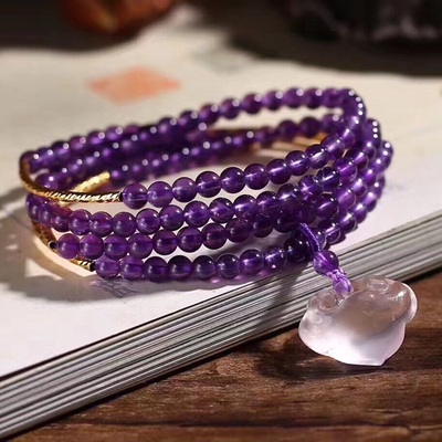 天然紫水晶四圈手链项链搭配冰粉如意锁吊坠14K包金弯管女款