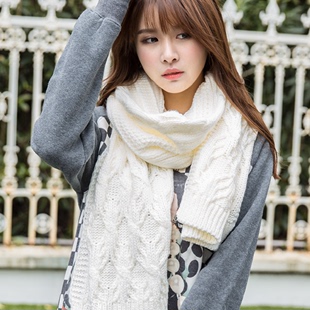 韩版围巾毛线冬季女保暖长款加厚白色围巾女冬季韩国学生针织百搭
