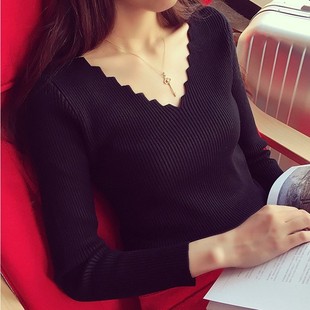 黑色性感韩版秋季套头长袖薄针织衫修身显瘦波浪V领打底女毛衣
