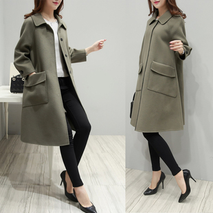 2016冬季新款韩版时尚毛呢外套简约斗篷式中长款显瘦纯色风衣外套