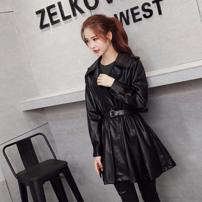 2016秋装新款韩版女装PU皮气质中长款风衣外套修身显瘦女士皮衣潮