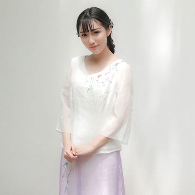 中国风改良中式上衣女夏七分袖修身显瘦复古白色手绘V领短款雪纺