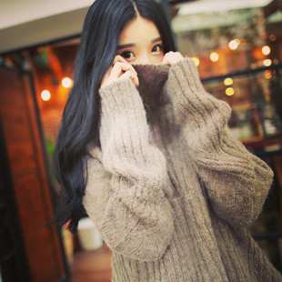 高领套头毛衣女韩版宽松大码打底针织衫学生冬季加厚焦糖色外套潮