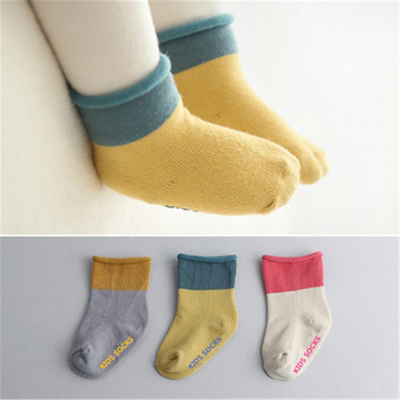 韩国全棉秋冬彩色拼接防滑儿童袜 宝宝婴儿地板袜子 松口宝宝袜