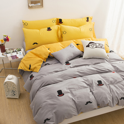 床上纯棉美式纯色四件套全棉简约双拼三件套条纹床笠床单被套2.0