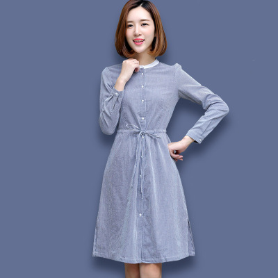 2016秋季新款韩版条纹松紧腰中长款裙子气质通勤宽松长袖连衣裙