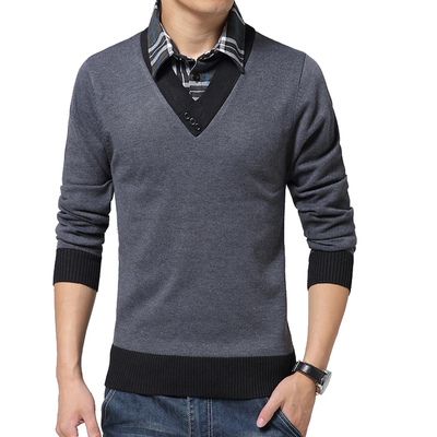 秋季韩版男士毛衣男外套假两件针织衫衬衫领假领长袖套头线衣上衣