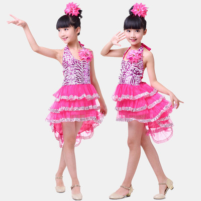 新款拖尾儿童女童亮片拉丁舞蹈演出表演服装少儿主持人花童裙走秀