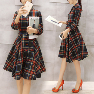 2016秋装新款女装韩版中长款修身显瘦系腰带v领九分袖格子连衣裙