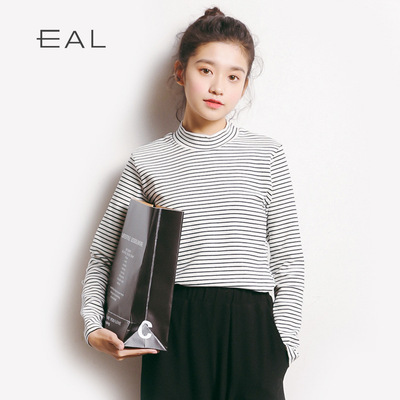 【奶油大叔】2017春季韩版修身纯棉弹性打底衫条纹长袖女式T恤