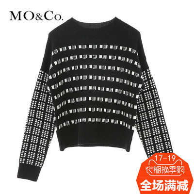 2014冬季新款MOCo女装套头长袖黑白格针织衫羊毛毛衣MA144JEY199