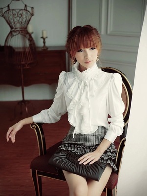2016韩版新款女式立领雪纺衬衫长袖衫大码花边宫廷衫打底白衬衫