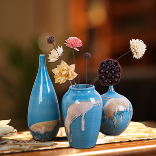 景德镇陶瓷花瓶三件套装饰品地中海风客厅电视柜餐桌摆件插花器