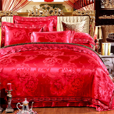 尚品家纺欧式 全棉贡缎提花四件套 双人床上婚庆大红刺绣被套