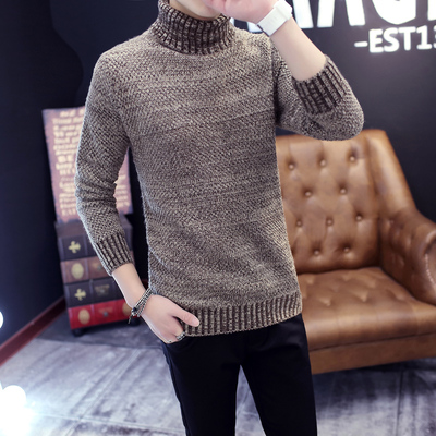 冬季男士韩版修身毛衣男纯色高领加厚针织衫外套青少年学生打底衫