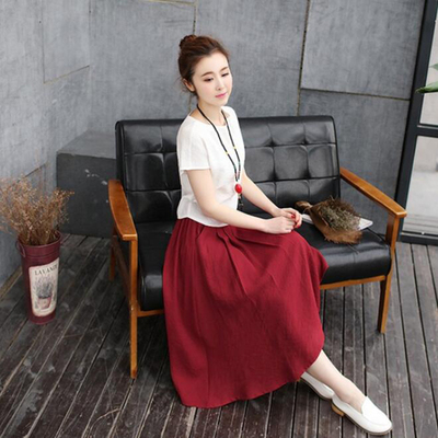 2016夏秋时尚新款韩版大码女装复古棉麻连衣裙中长款短袖两件套裙