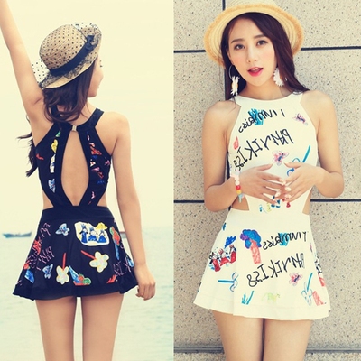韩国泳衣少女个性涂鸦连体裙式钢托大小胸聚拢遮肚显瘦保守游泳装