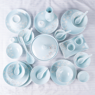 【玉泉】 樱花物语日式餐具套装碗碟 手工印花 中式陶瓷碗盘30头