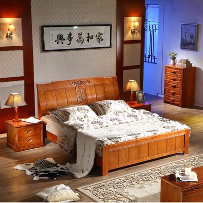全实木双人床1.8米现代中式卧室床经济型客房床1.5儿童床橡木婚床