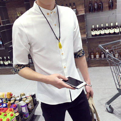 夏季韩版男士亚麻短袖衬衫薄修身寸衣七分袖衬衣休闲棉麻半袖寸衫
